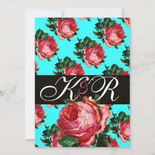 SCHÖNE ROSA ROSE AQUA BLAU TÜRKIS BLUMEN MONOGRAMM EINLADUNG