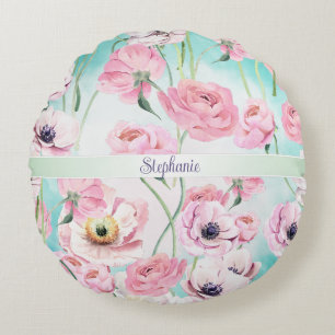 Schöne Rosa Rose Monogramm mit rosafarbenen Blumen Rundes Kissen