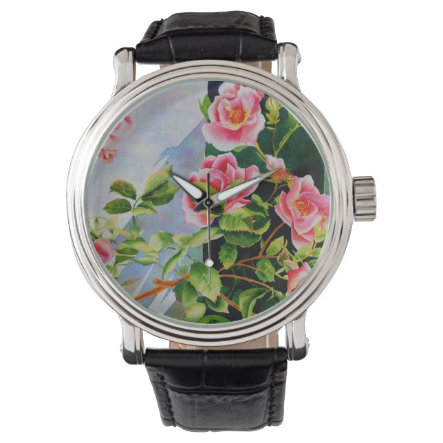 Schöne rosa Rosen Aquarellblüte Armbanduhr (Vorderseite)