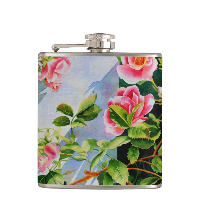 Schöne rosa Rosen Aquarellblüte Flachmann (Vorderseite)