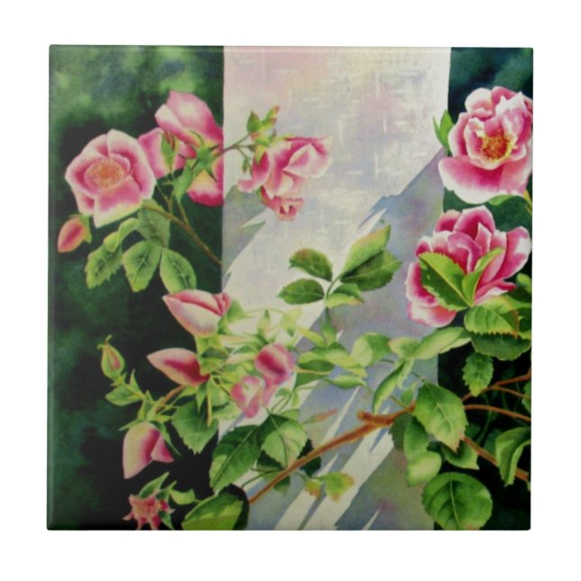 Schöne rosa Rosen Aquarellblüte Fliese (Vorderseite)