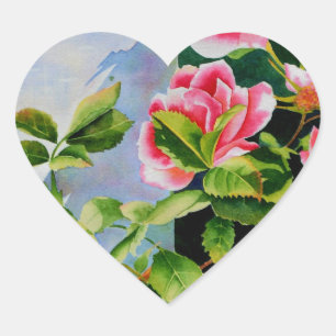 Schöne rosa Rosen Aquarellblüte Herz-Aufkleber