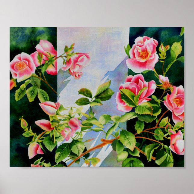 Schöne rosa Rosen Aquarellblüte Poster (Vorne)