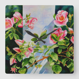 Schöne rosa Rosen Aquarellblüte Quadratische Wanduhr