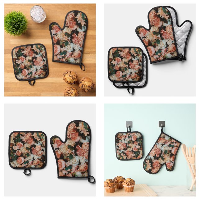 Schöne rosa Rosen blühen Ofenhandschuh & Topflappen-Set (Beautiful Pink Roses Flowering Oven Mitt & Pot Holder Set
)