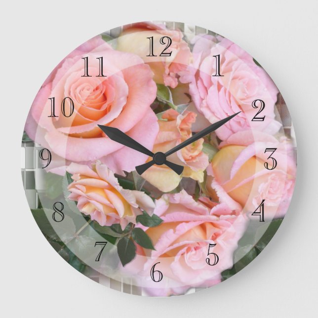 Schöne Rosa Rosen Große Wanduhr (Vorderseite)
