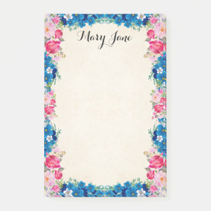 Schöne rosa Rosen und blaue Blumen Personalisiert Post-it Klebezettel