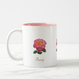 Schöne rosa Rosenblume und Kalligrafie auf Weiß Zweifarbige Tasse