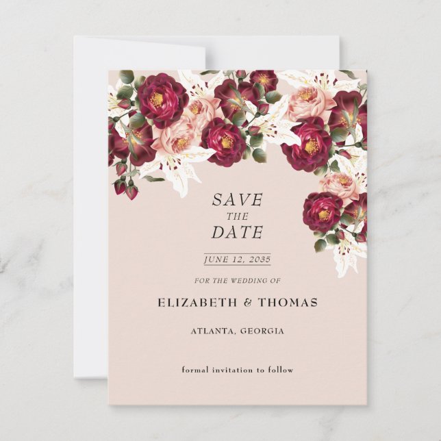 Schöne Rosa Roses White Lilies Wedding Sav Save The Date (Vorderseite)