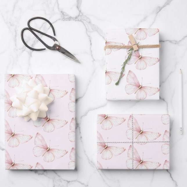 Schöne rosa Schmetterlinge Geburtstag Geschenkpapier Set (Vorderseite)