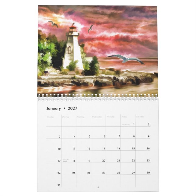 Schöne rosa Sonnenuntergang Nautical Lighthouse Kü Kalender (Jan 2027)