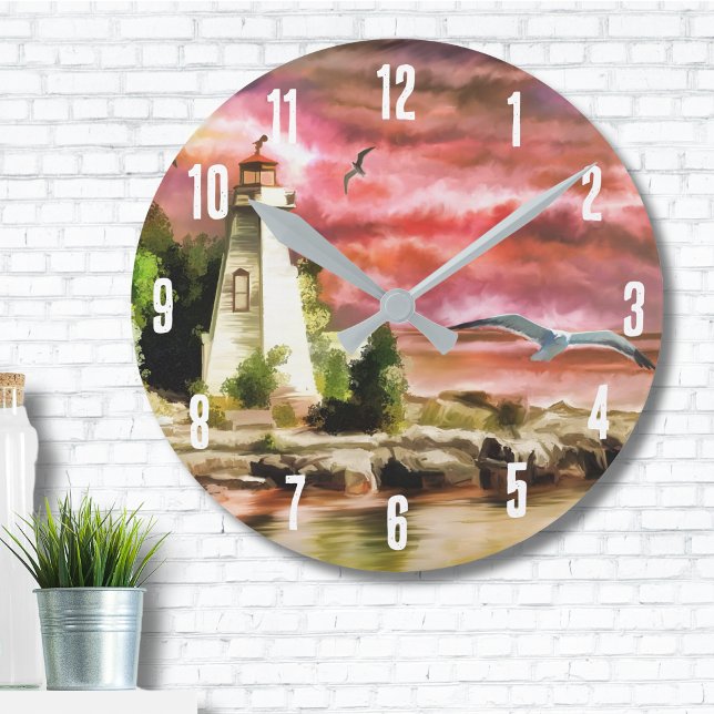 Schöne rosa Sonnenuntergang Nautical Lighthouse Kü Runde Wanduhr (Beautiful Pink Sunset Nautical Lighthouse Coastal Round Clock)