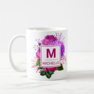 Schöne rosa und violette Blumenmonogramm Kaffeetasse