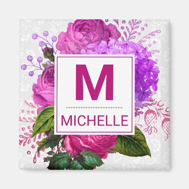 Schöne rosa und violette Blumenmonogramm Magnet (Vorne)
