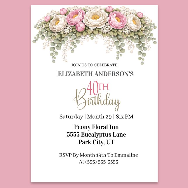 Schöne rosa und weiße Pfingstrose 40. Geburtstag Einladung (Elegant pink peony and eucalyptus floral 40th birthday party invitation for women
)