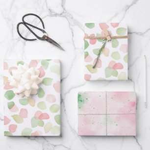 Schöne Rosafarben Mint-Blütenblätter Geburtstag Geschenkpapier Set