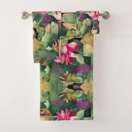 Schöne rosafarbene Blume und tropisches Leaf-Muste Badhandtuch Set