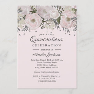 Schöne rosafarbene Silber-Blumen-Quinceanera Einladung