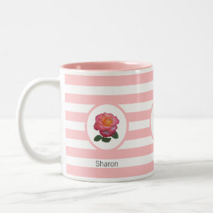 Schöne Rose auf Rosa und Weiß Streifen Zweifarbige Tasse