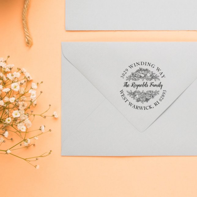 Schöne Rose Bouquet Lineart Name & Adresse Gummistempel (Von Creator hochgeladen)