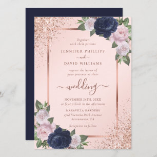 Schöne Rose Gold Navy Blush Blues Hochzeit Einladung