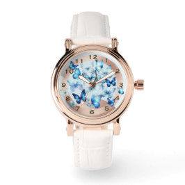 Schöne Rose-Gold-Optik Blaue Schmetterling-Uhr Armbanduhr