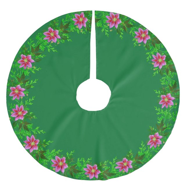 Schöne Rose Gold Rosa Blume Garland auf Grün Polyester Weihnachtsbaumdecke (Vorderseite)