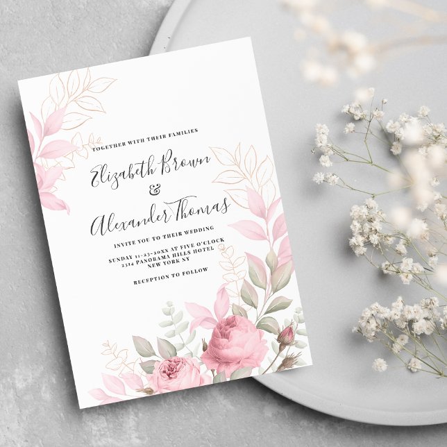 Schöne Rose mit rosa Minze Blätter Blumenhochzeit Einladung (Beautiful pink mint roses leaves floral wedding invitation )