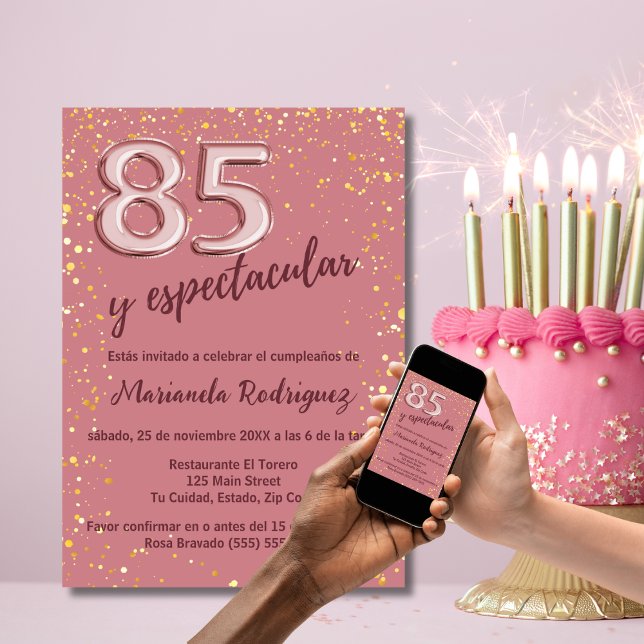 Schöne Rose Pink Gold 85. Geburtstag Spanisch Einladung (Von Creator hochgeladen)