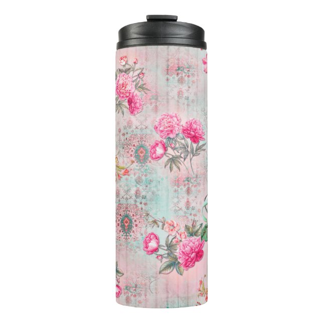 Schöne Rose über Vintage Papiertextur Thermosbecher (Vorderseite)