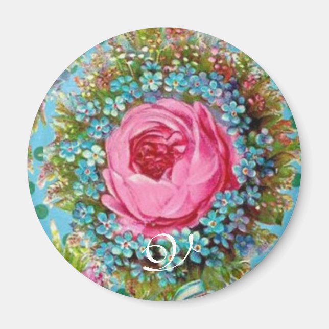 SCHÖNE ROSE UND BLUE BLUES Monogramm Magnet (Vorne)