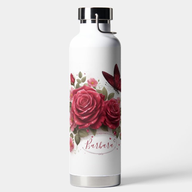 Schöne Rose und Schmetterling Trinkflasche (links)
