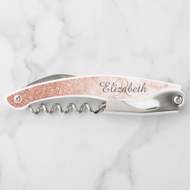 Schöne Roségold Marmor Monogramm Glitter Kellnermesser (Rückseite)