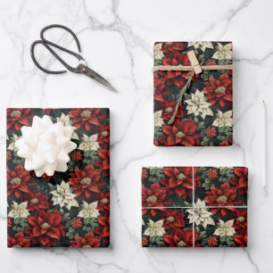 Schöne Rot Weiß und Grün Poinsettia Geschenkpapier Set