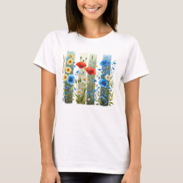 SCHÖNE ROTE BLAUE & GELBE BLUMENMALEREI T-Shirt