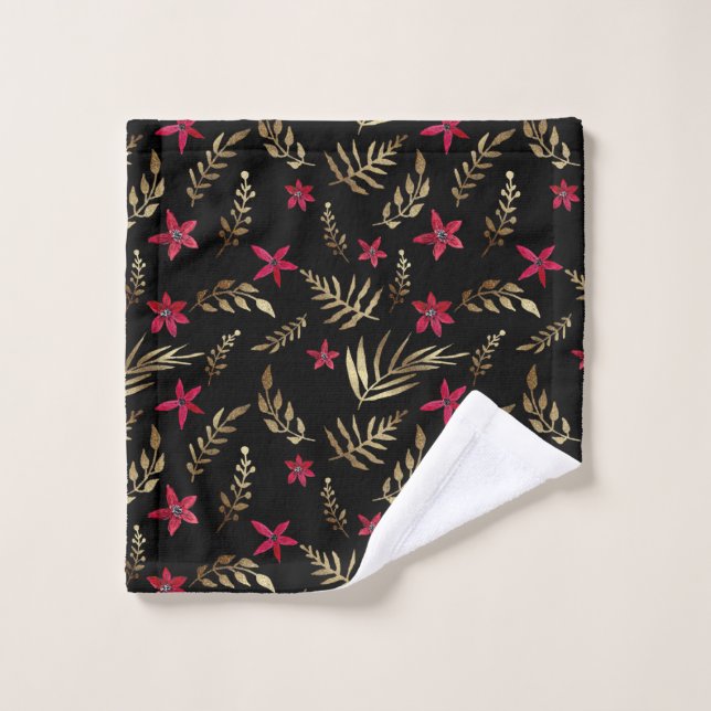 Schöne rote Blume goldfarbene Blätter schwarz el e Badhandtuch Set (Waschlappen)