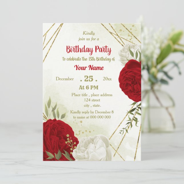 Schöne rote Blume Grün Blätter Geburtstag Einladung (Stehend Vorderseite)