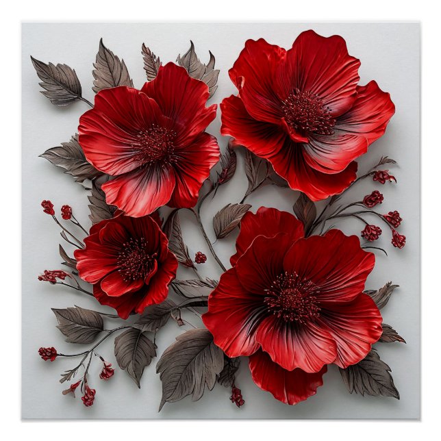 Schöne rote Blumen und Blätter Poster (Vorderseite)