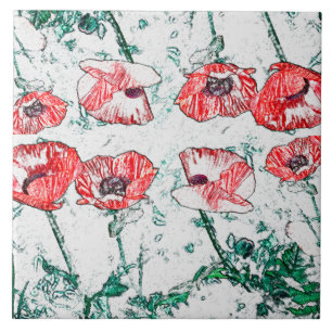 Schöne Rote Drei-Poppy-Blume Sketch Fliese