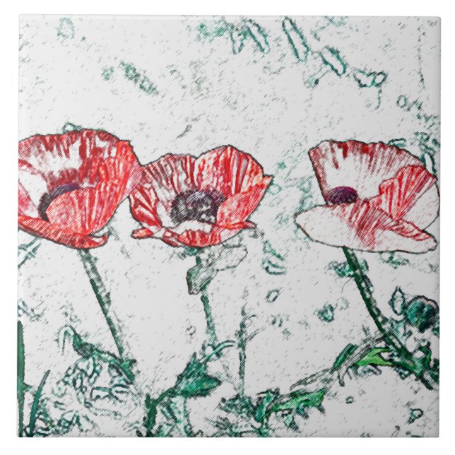 Schöne Rote Drei-Poppy-Blume Sketch Fliese (Vorderseite)