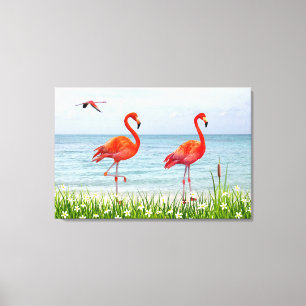 Schöne rote Flamingos in der Nähe von weißen Blume Leinwanddruck