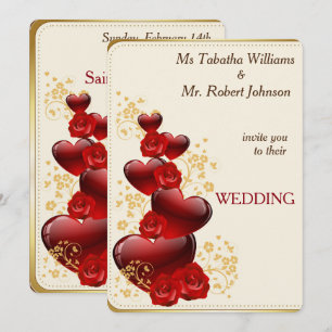 Schöne Rote Herzen und Rose Einladung Hochzeit