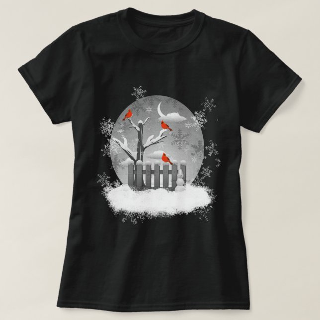 Schöne Rote Kardinal Birds Winterlandschaft T-Shirt (Design vorne)