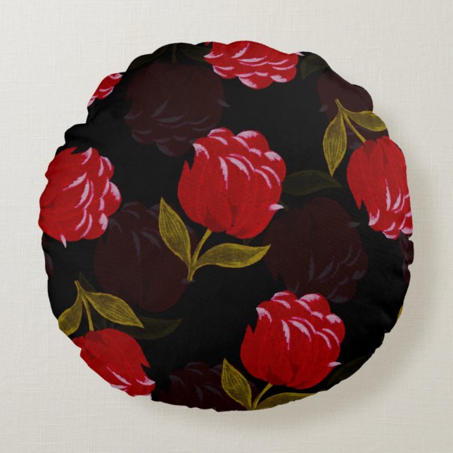 Schöne rote, lichtdurchlässige Rose Stickereimuste Rundes Kissen (Vorderseite)