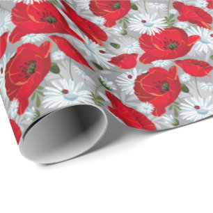 Schöne rote Mohnblume, weiße Gänseblümchen und Mar Geschenkpapier