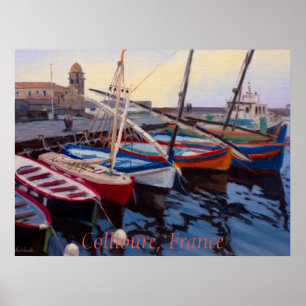 Schöne rote orange blaue grüne Boote in Collioure Poster