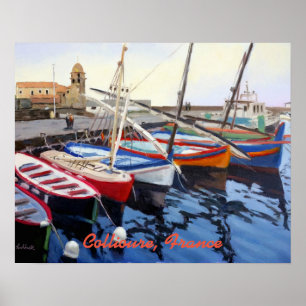 Schöne rote orange blaue grüne Boote in Collioure Poster