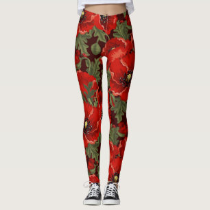 Schöne rote Pfingstrosen Grüne Blätter auf Schwarz Leggings