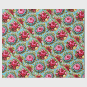 SCHÖNE ROTE PINK GELBE ROSEN IN BLAU GESCHENKPAPIER