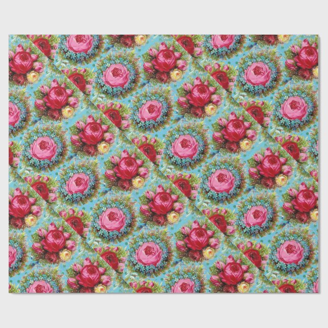 SCHÖNE ROTE PINK-GELBROSE IN BLAU GESCHENKPAPIER (Flach)